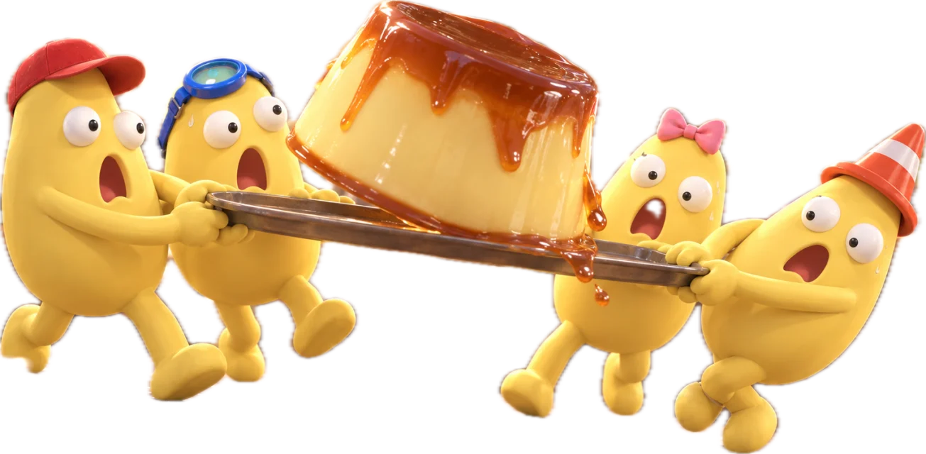 プリンを運ぶクルーたち